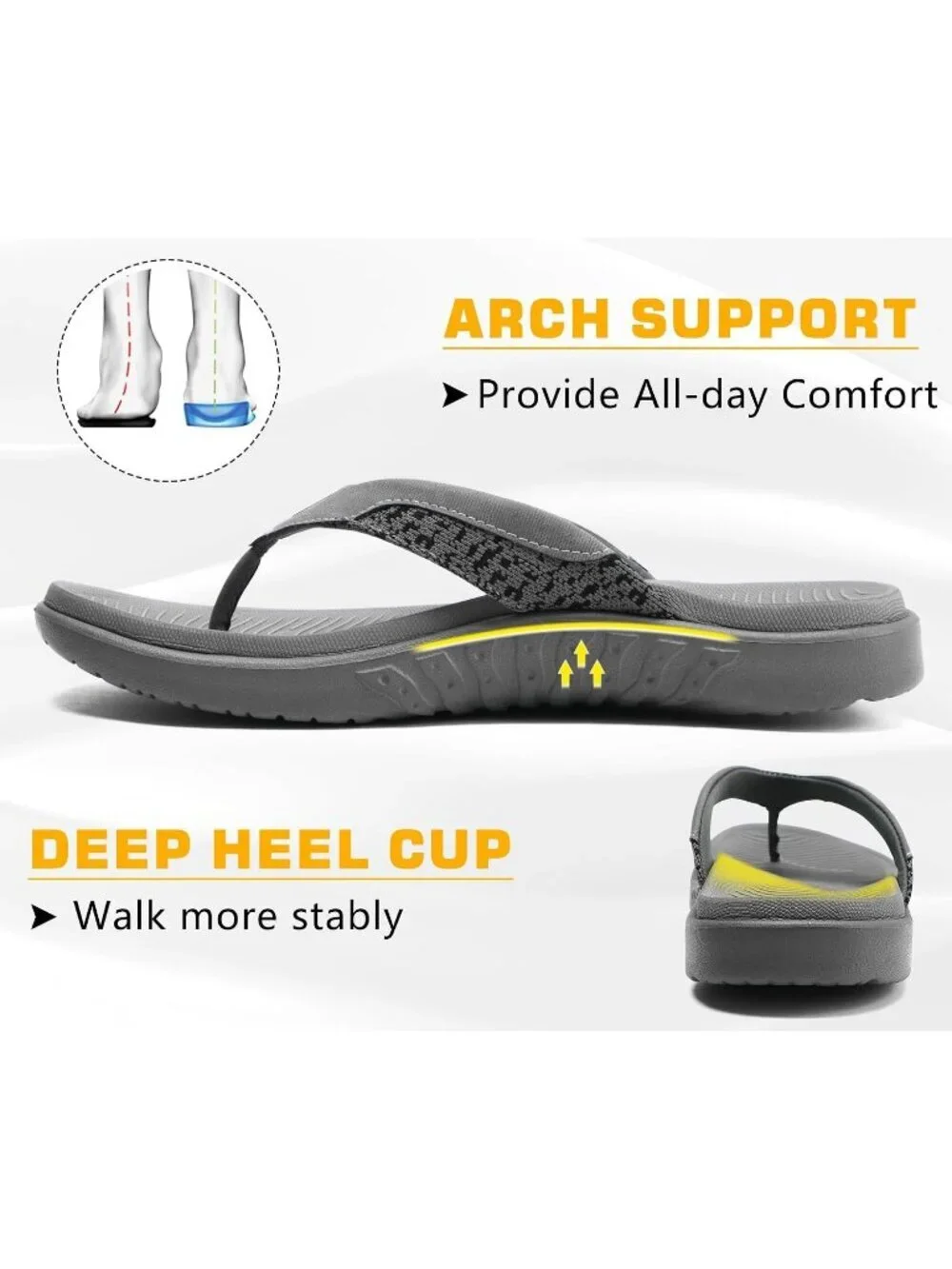 Men's Grey Flip Flop Open Toe Athletic Orthotic Fasciitis Sport Sandal Shoes